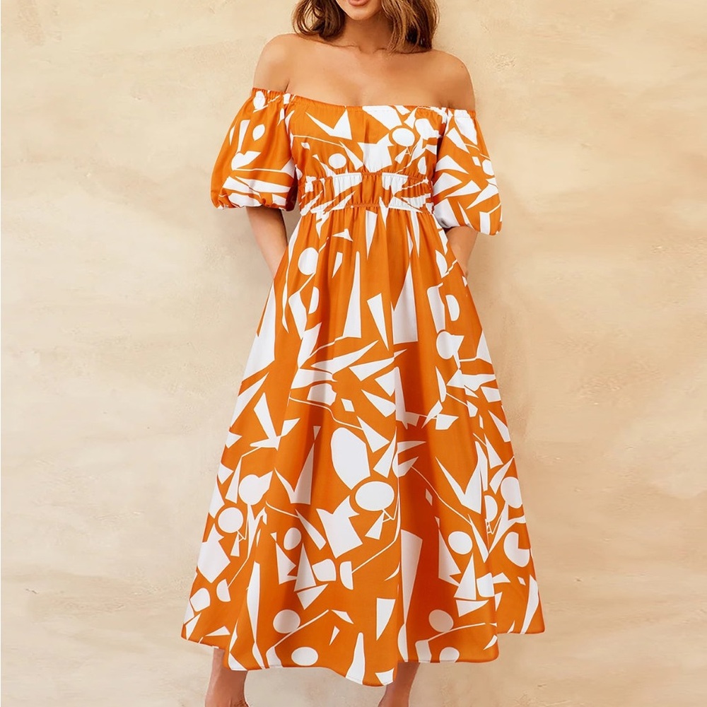 Orange Puff Sleeve Off-Shoulder Midi Sundress